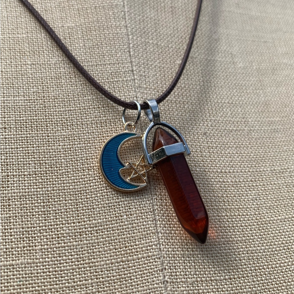 Handmade Amber Colored Resin Dagger Crystal Amulet Necklace with Moon Charm - Picture 3 of 5